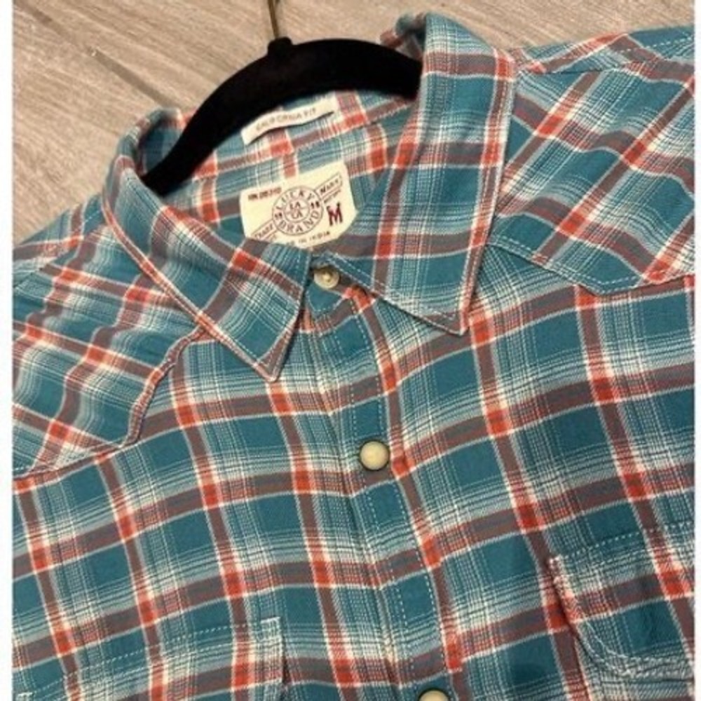 Lucky Brand Mens M Short Sleeve Western Snap Plaid Shirt Teal Red California Fit
